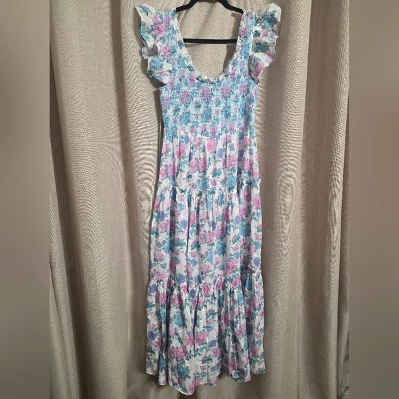 NWT LoveShackFancy Chessie Smocked Floral maxi‎ dress sea orchid S - Picture 4 of 10